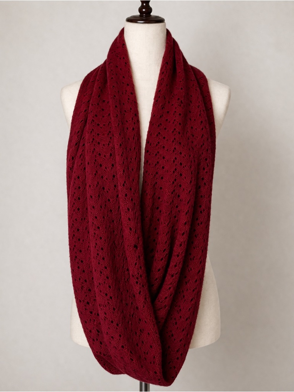Celeste Red Open Knit Infinity Scarf Wool Cashmere Blend